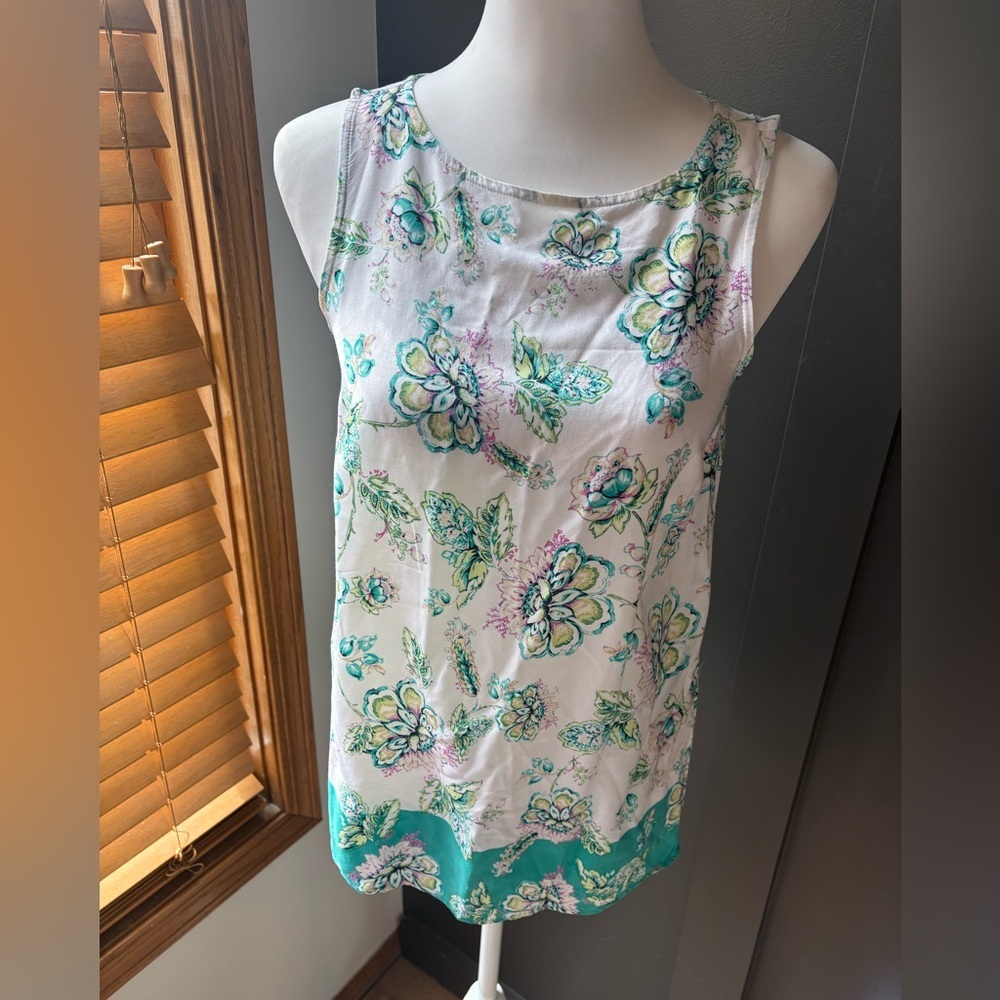 J Jill Floral Tank Top White Teal Sleeveless Boho Lightweight XS